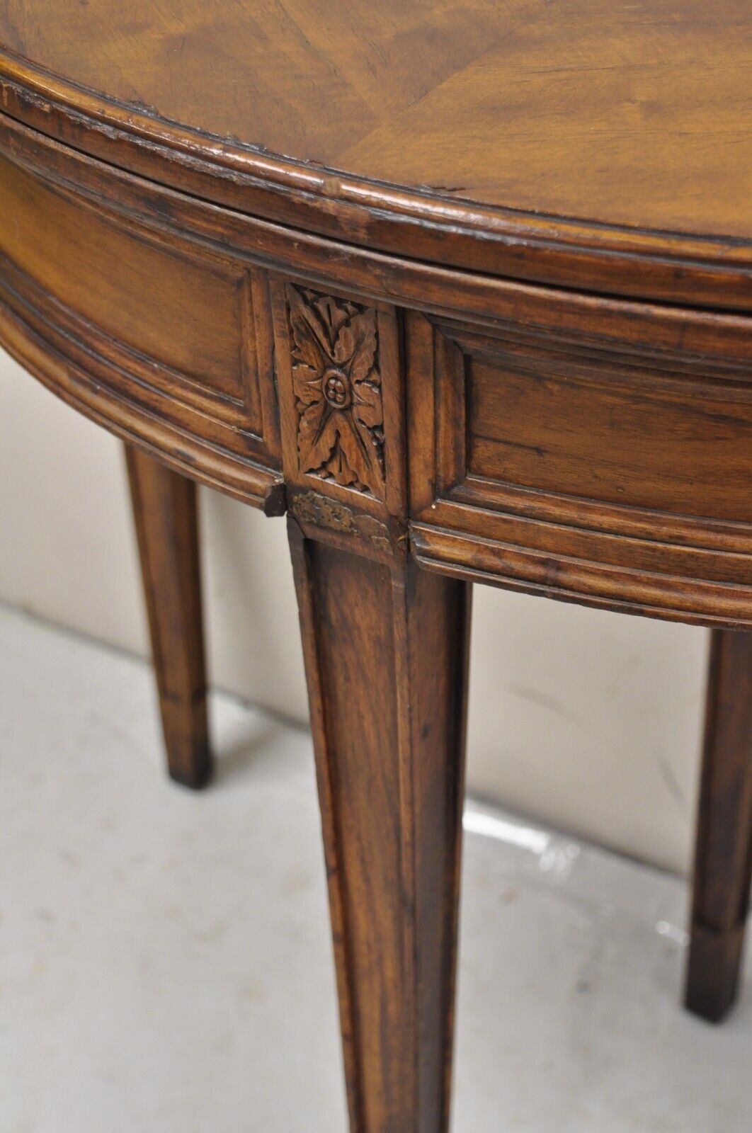 Antique Mahogany Demilune Flip Top Console Game Table with Hidden Drawer