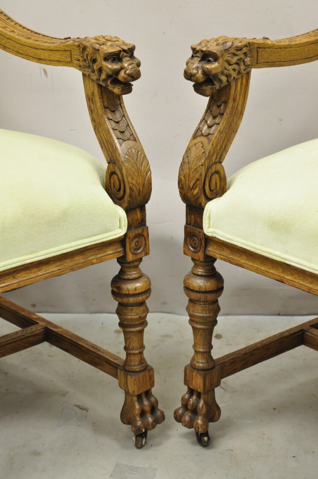 Antique Italian Renaissance Carved Oak Wood Lion Head Paw Feet Arm Chairs - Pair