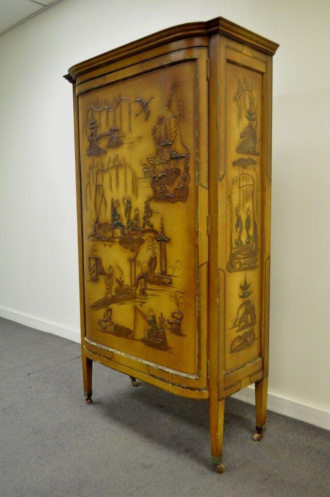 Vintage Oriental Chinese Asian Lacquered Figural Painted Mirrored Cabinet Curio