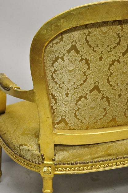 Vintage French Louis XVI Style Gold Leaf 6 Leg Settee Loveseat Sofa