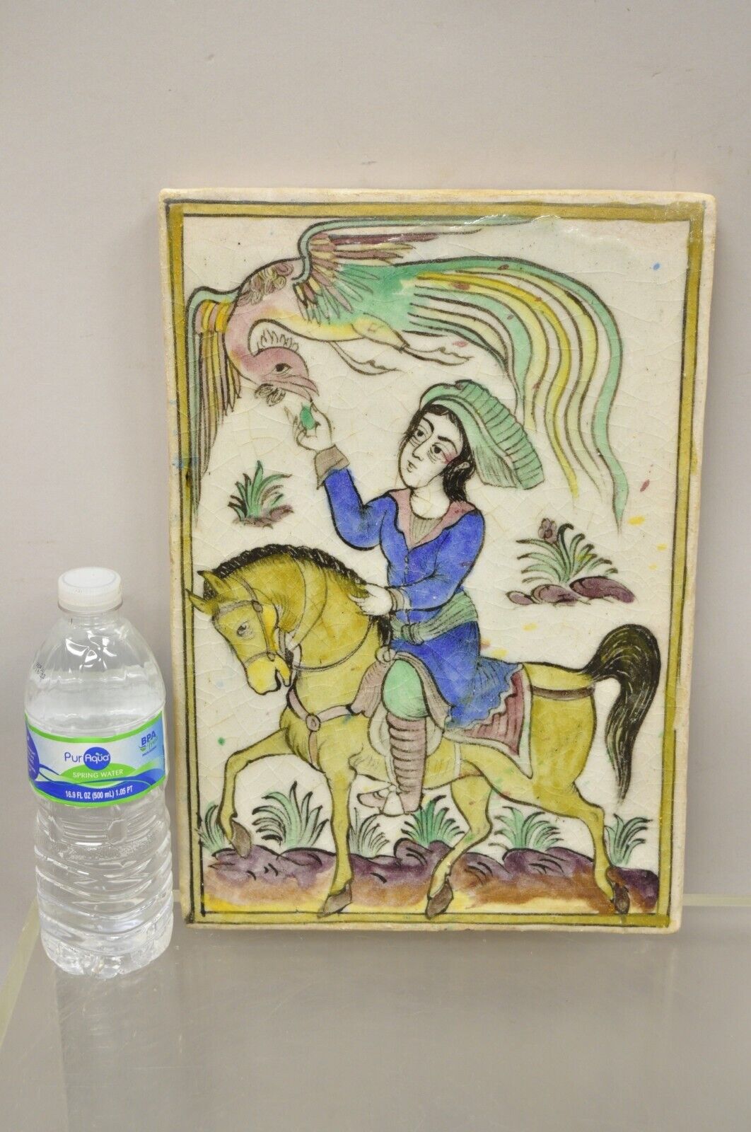 Antique Persian Iznik Qajar Style Ceramic Pottery Tile Phoenix Horse Rider C1