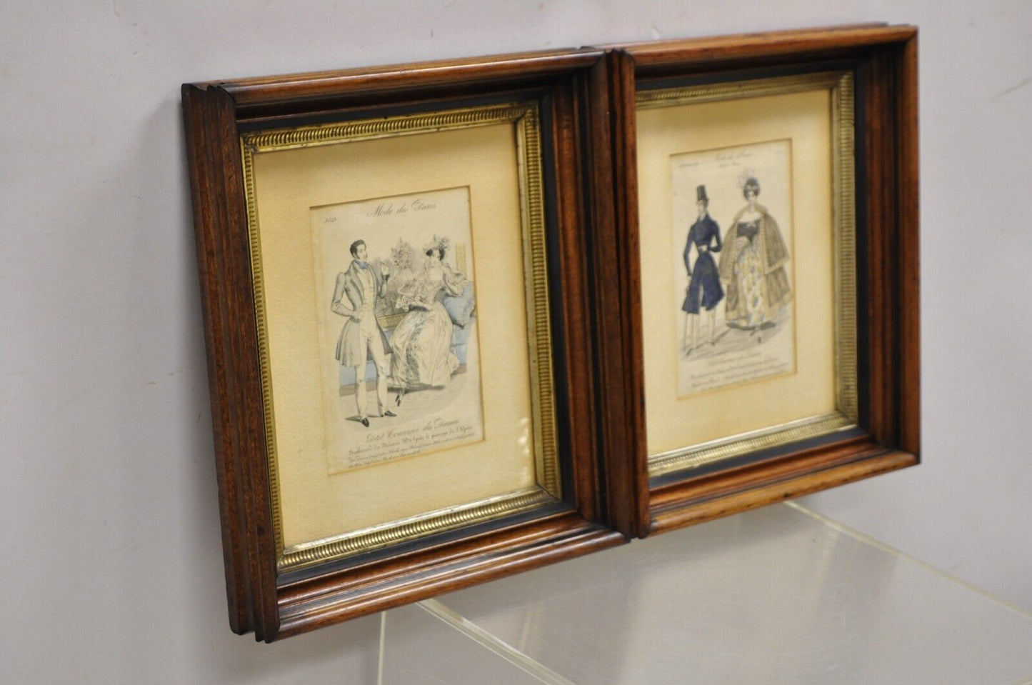 French 1830s Victorian Lithograph Print Couple Fashion Gown in Frames - a Pair