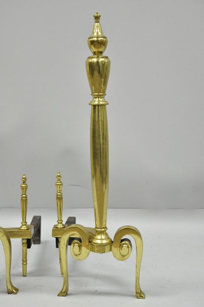 Antique Pair French Art Nouveau Style Brass Fireplace Andirons Urn Finial