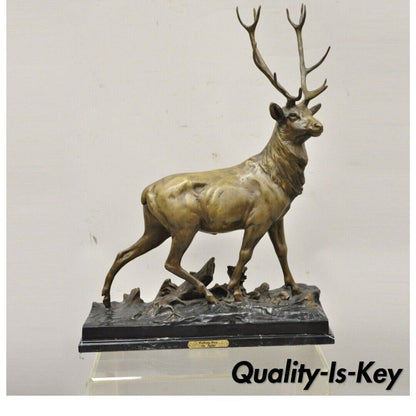 Bronze Stag Walking Deer Statue on Marble Base After Charles Paillet