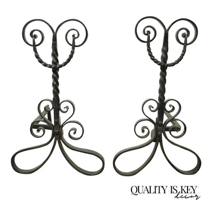 Pair of Antique Wrought Iron Arts & Crafts Art Nouveau Scrolling Andirons Black