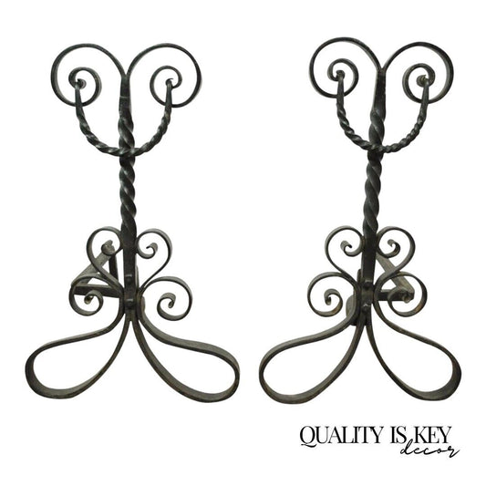 Pair of Antique Wrought Iron Arts & Crafts Art Nouveau Scrolling Andirons Black