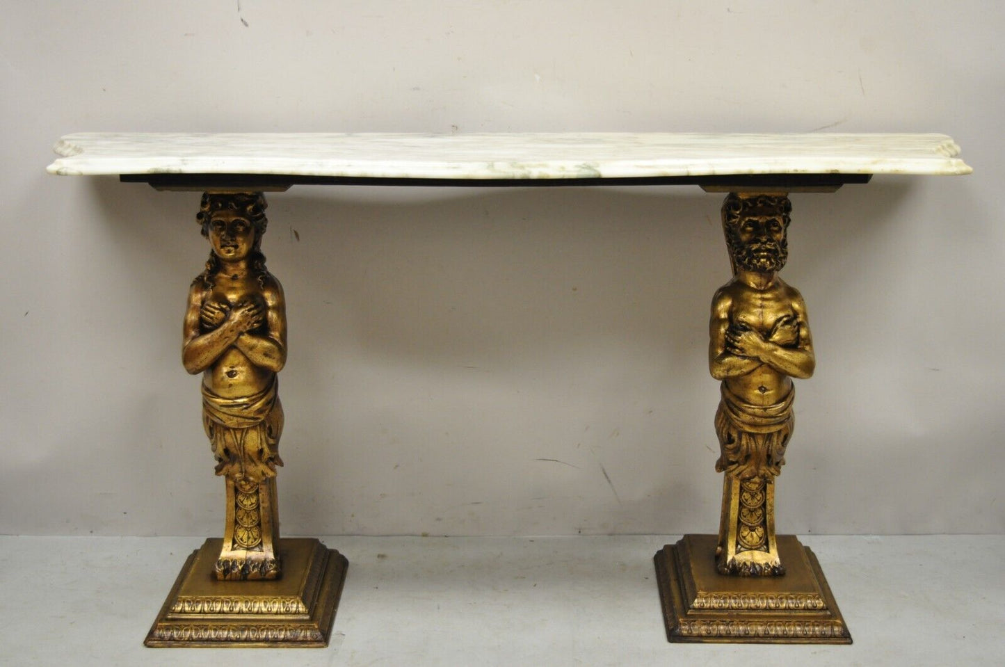 French Renaissance Victorian Style Gold Figural Console Table with Marble Top