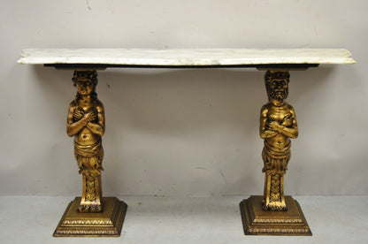 French Renaissance Victorian Style Gold Figural Console Table with Marble Top