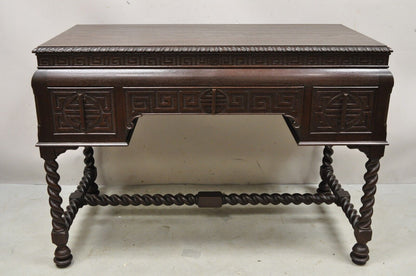 Antique Jacobean William and Mary Greek Key Carved Mahogany 3 Drawer Desk