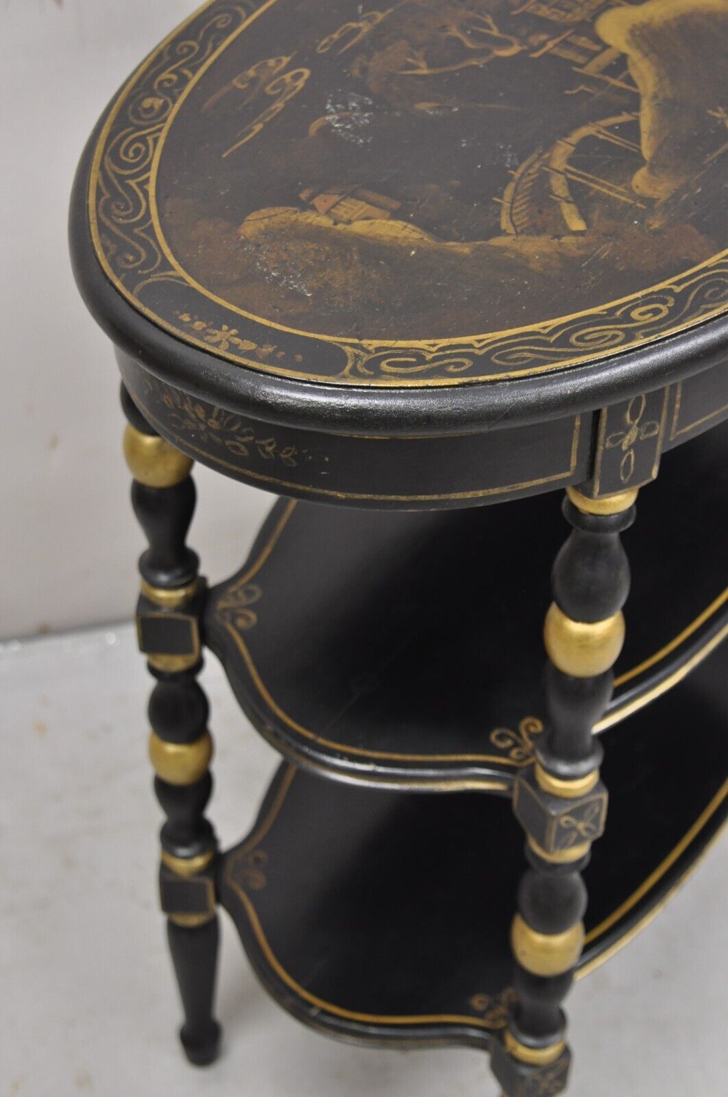 Vintage Chinoiserie Black Painted Oval 3 Tier Side Tables by Yeager - a Pair