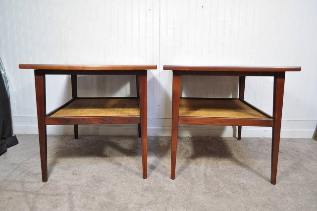 Vtg Pair Mid Century Modern Cane Walnut Laminate Foster McDavid End Side Tables