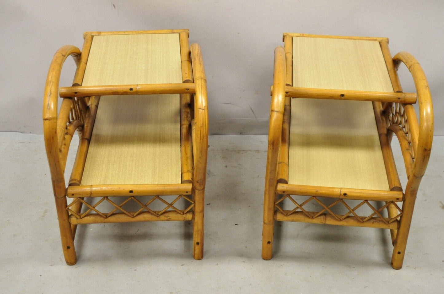 Vintage Tiki Rattan Bentwood Bamboo 2 Tier Sculptural End Tables - a Pair