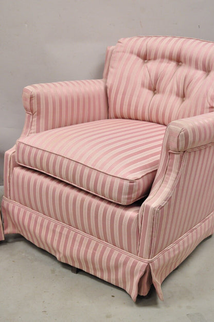 Pair Vintage Custom Pink Candy Stripe Upholstered Swivel Tilt Club Lounge Chairs