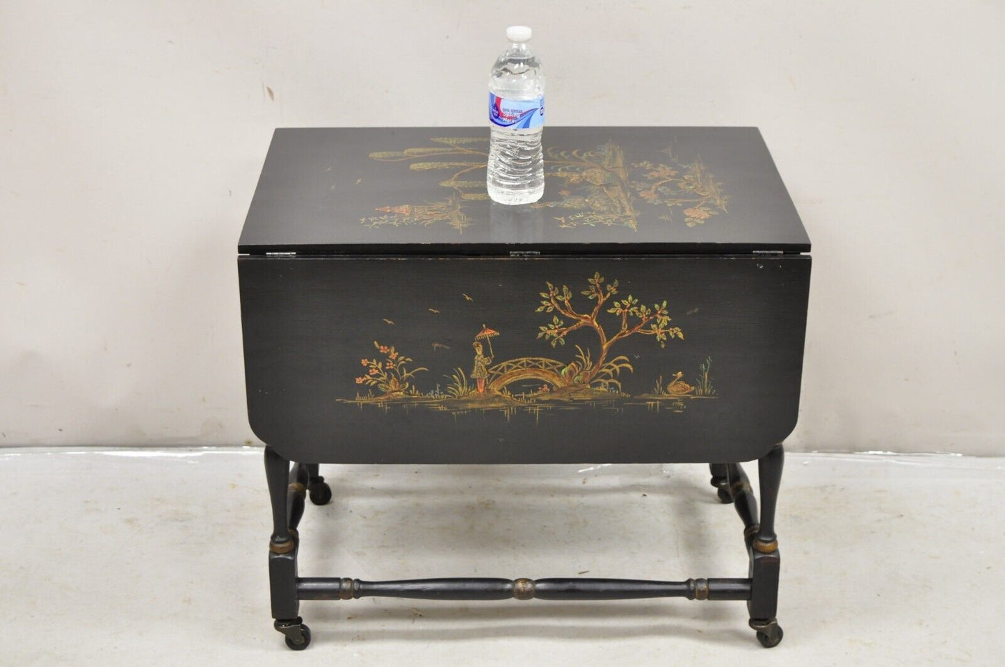 Antique Chinoiserie Asian Painted Small Black Dropleaf Side Table