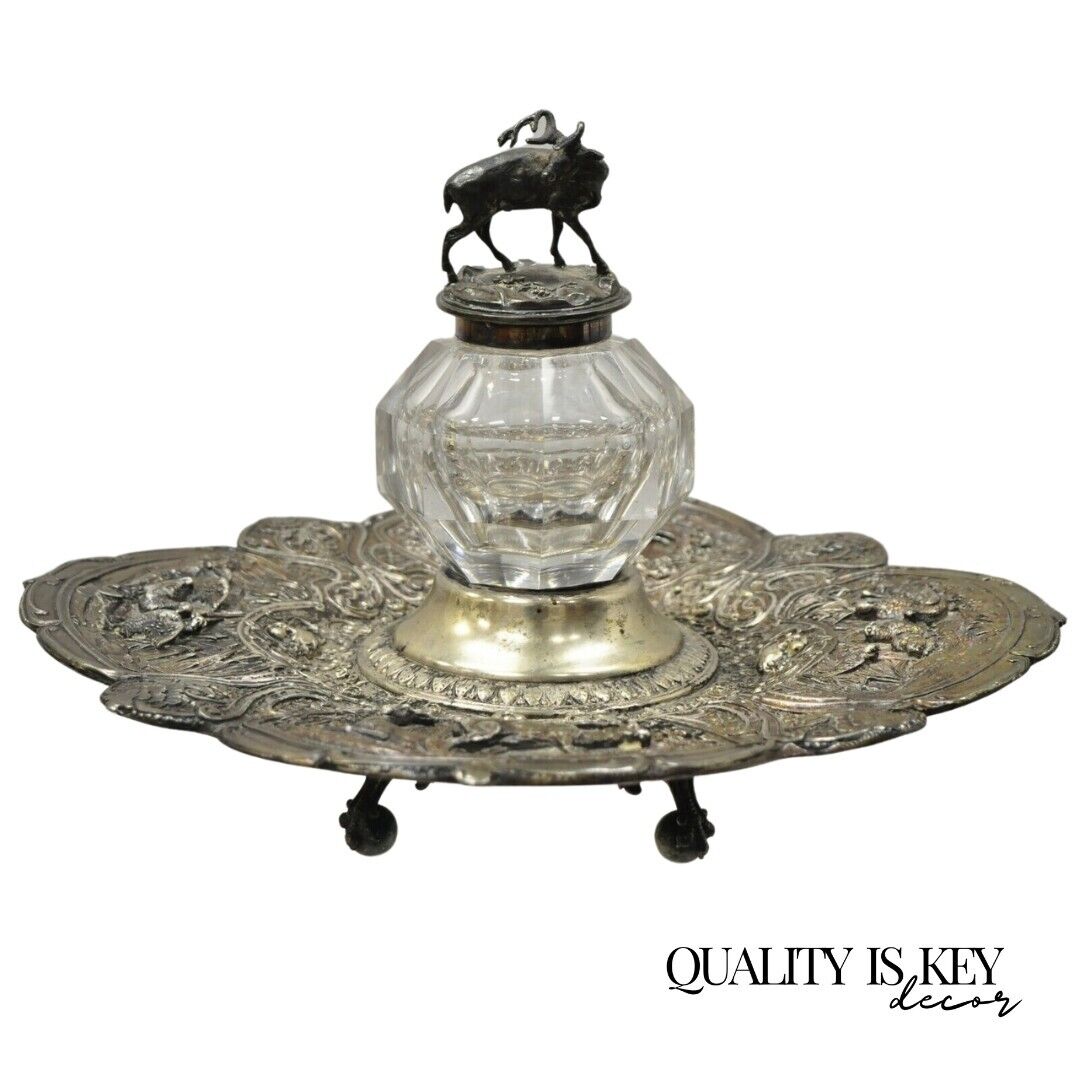 English Victorian Silver Plated Platter Tray Stag Mounted Glass Inkwell Gorham