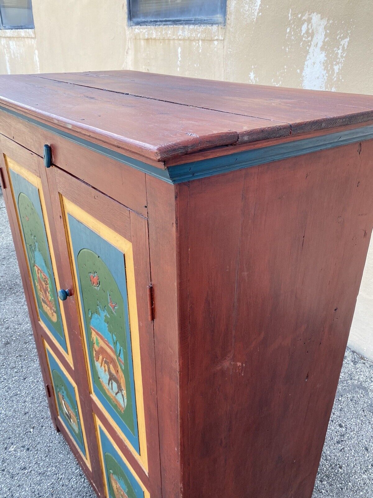 Country Farmhouse Red & Blue Forest Carved Wardrobe TV Entertainment Cabinet