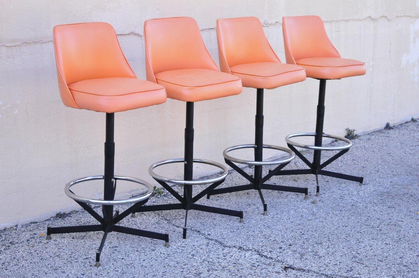 Mid Century Modern Atomic Era Vinyl Metal Adjustable Swivel Barstools - Set of 4