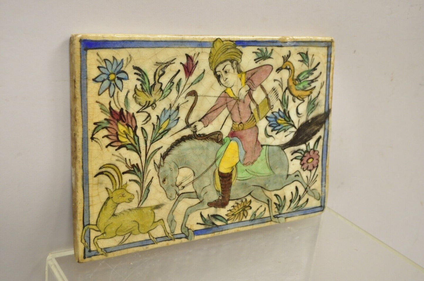 Antique Persian Iznik Qajar Style Ceramic Pottery Tile Horse Rider Hunt Scene C2