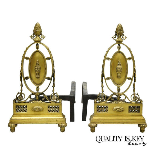 Pair of French Empire Sheraton Style Brass Bronze Urn Acorn Fireplace Andirons