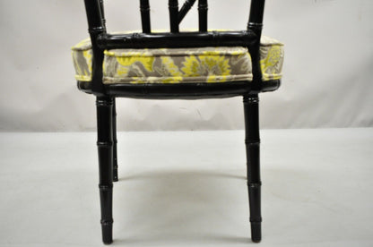 Vintage Chinese Chippendale Black Lacquer Faux Bamboo Fretwork Lounge Chair