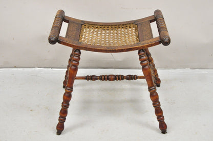 Antique English Jacobean Turn Carved Walnut Cane Seat Spindle Stool