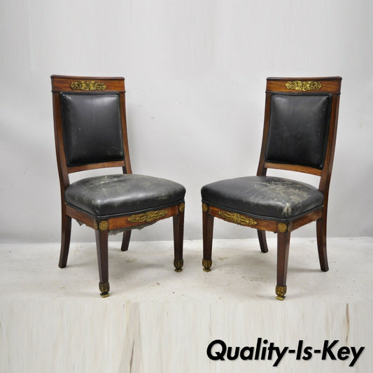 French Empire Solid Mahogany Regency Side Chairs Figural Bronze Ormolu - a Pair