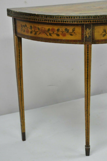 19th C. English Edwardian Polychrome Adams Painted Demilune Console Game Table