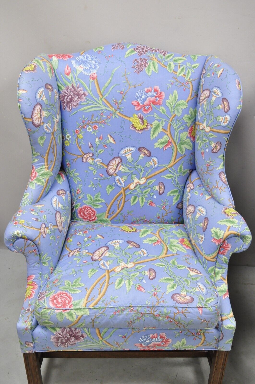 Vintage English Edwardian Style Mahogany Blue Floral Wingback Chairs - a Pair