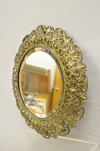 Antique French Renaissance Style Round Leafy Brass Frame Small Beveled Mirror