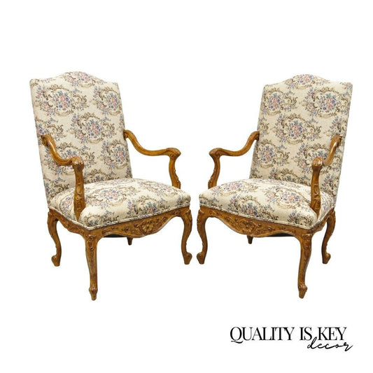 Pair French Country Style Carved Walnut Floral Upholstered High Back Arm Chairs