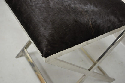 Modern Chrome Frame X-Frame Metal Stool with Cowhide Upholstery