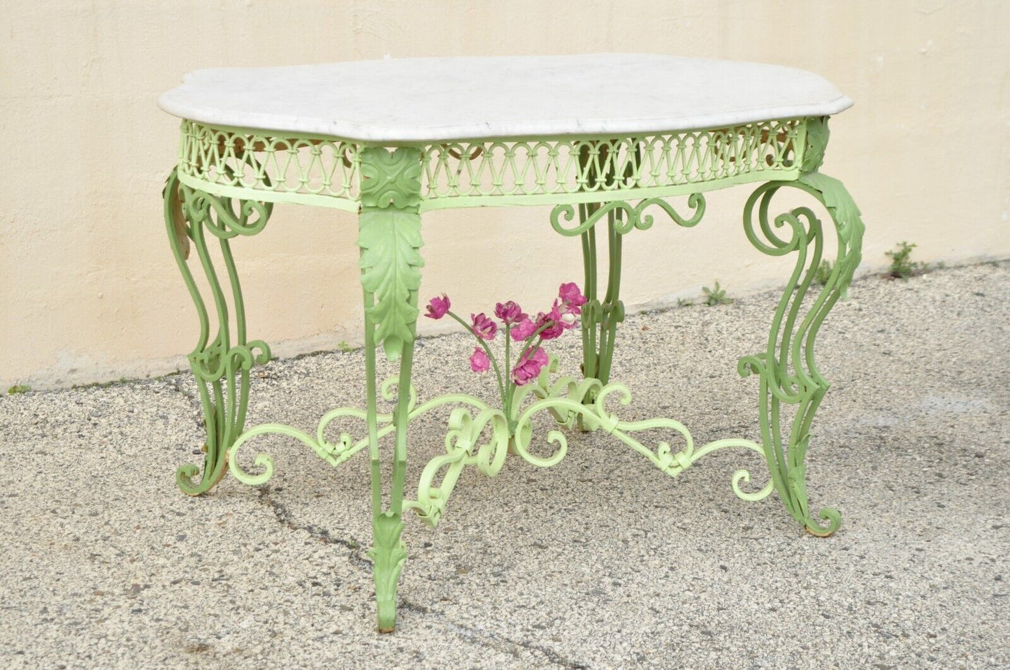 Antique French Art Nouveau Wrought Iron Marble Turtle Top Console Center Table