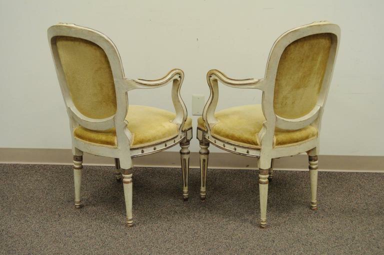 Pair of 19th C Hand-Carved Italian Venetian Distress Painted Fauteuil Arm Chairs