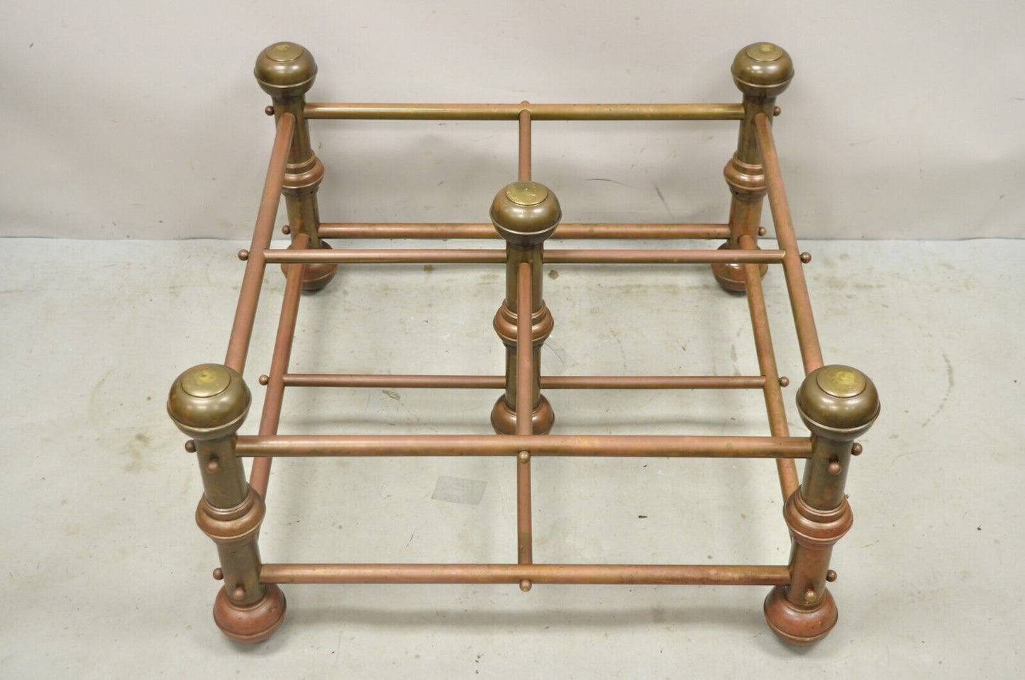 Antique Victorian Turned Brass Bed Style Pipe Post Square Coffee Table Base