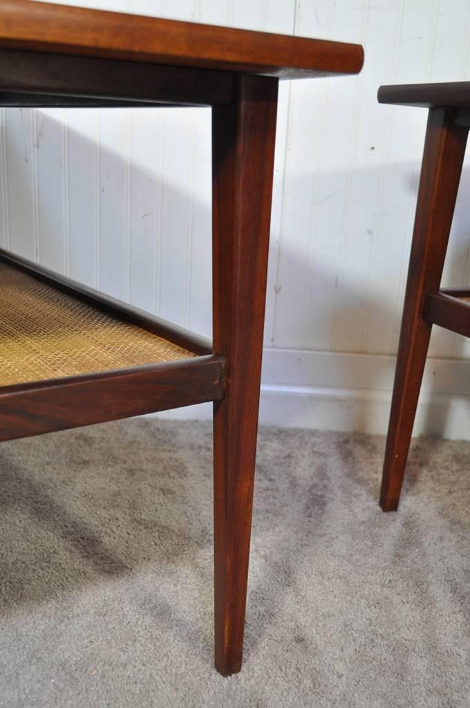 Vtg Pair Mid Century Modern Cane Walnut Laminate Foster McDavid End Side Tables