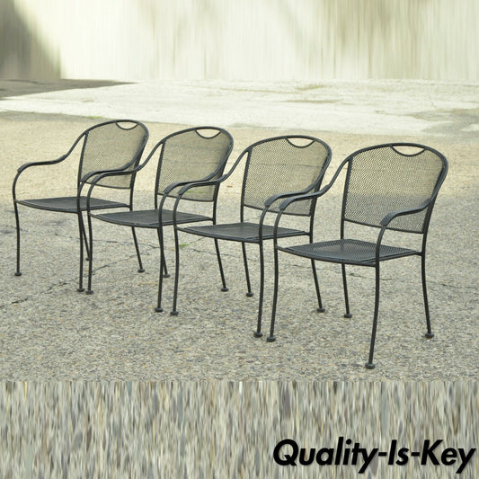 20th C Modern Wrought Iron Sculptural Black Outdoor Arm Chairs - Set of 4
