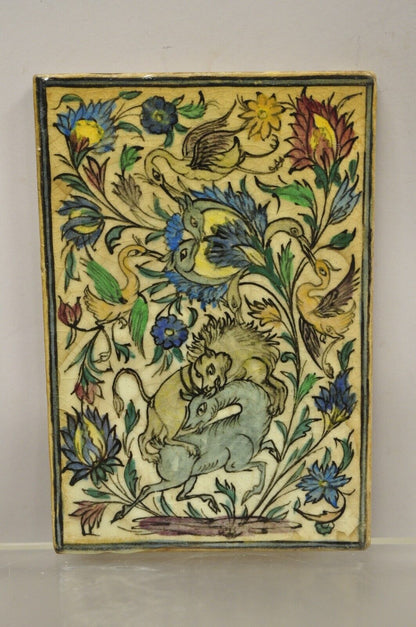 Antique Persian Iznik Qajar Style Ceramic Pottery Tile Animals Predation Hunt C1