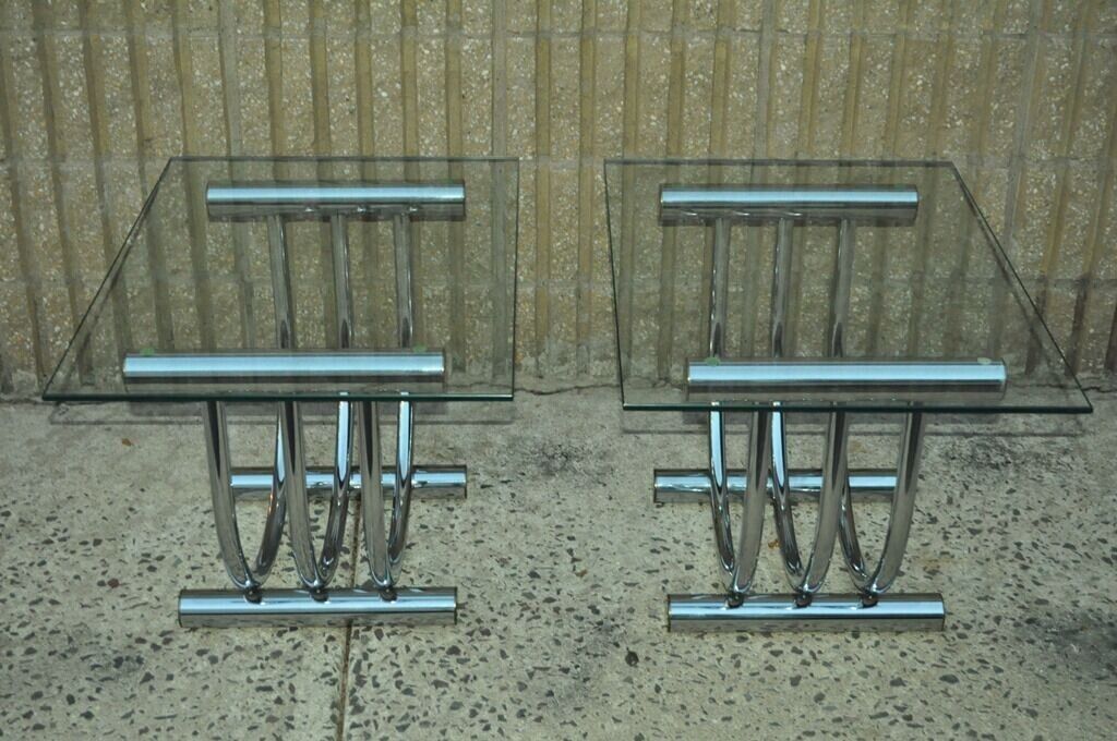 Vintage Mid Century Modern Chrome Brass Glass End Tables Romeo Rega Style a Pair