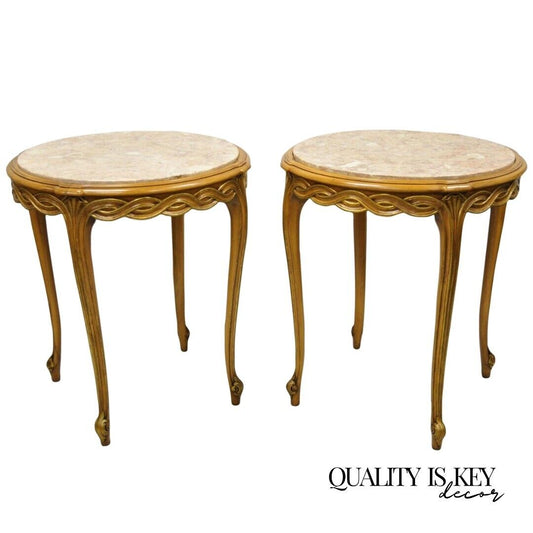 French Provincial Hollywood Regency Round Pink Marble Top Side Tables - a Pair
