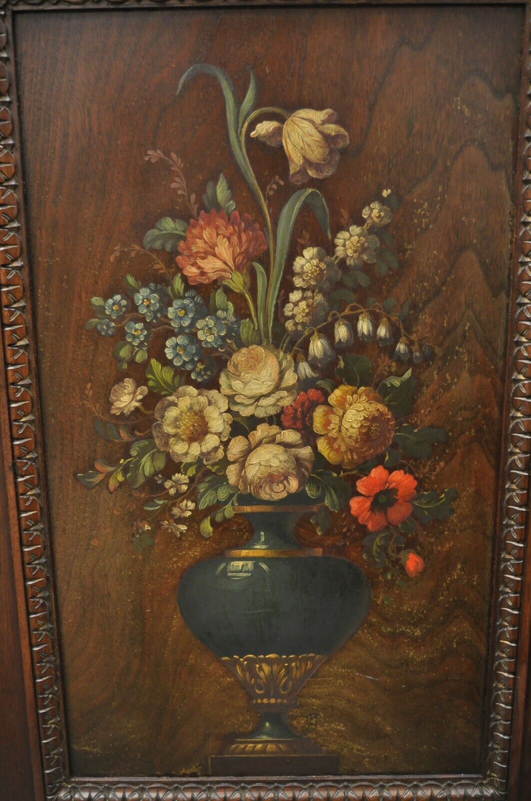 Antique Jacobean Floral Handpainted Carved Walnut Blind Door Cupboard Cabinet