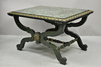 Vintage Curule X-Form Dorothy Draper Espana Style Green Marble Top Coffee Table