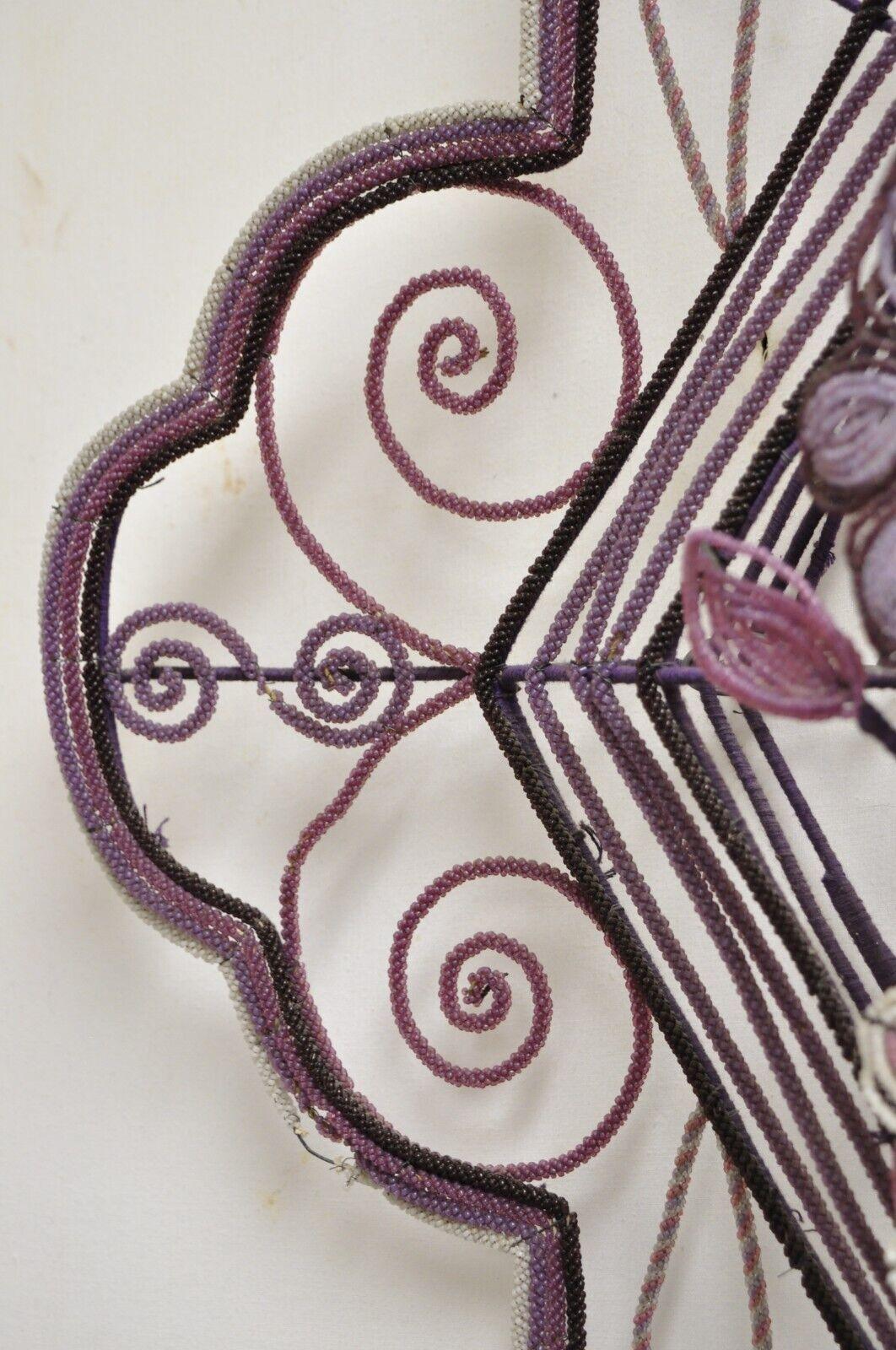 French Victorian Glass Beaded Purple Flower Casket Wreath Wall Sculpture (A)