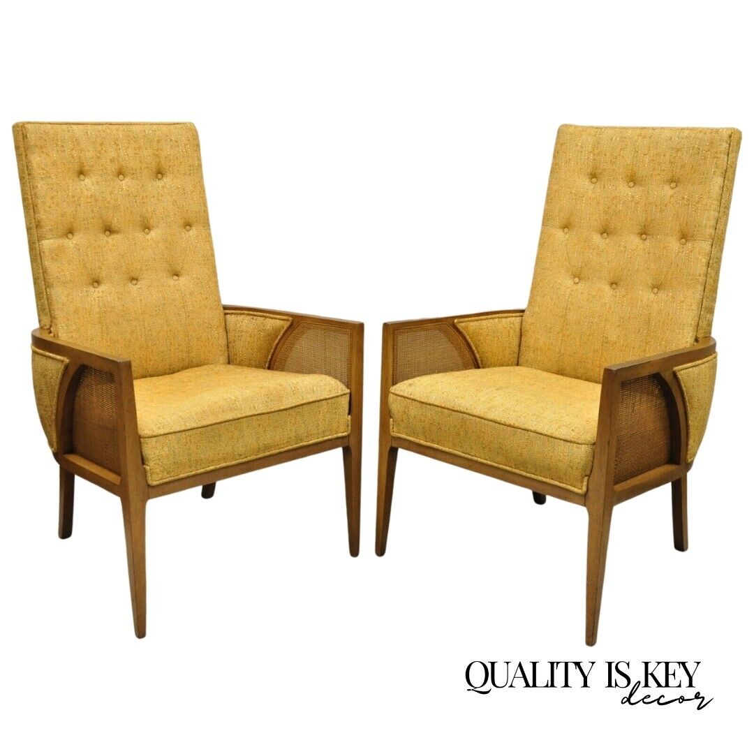 Mid Century Hollywood Regency Sculpted Wood Cane Panel Lounge Chairs - a Pair