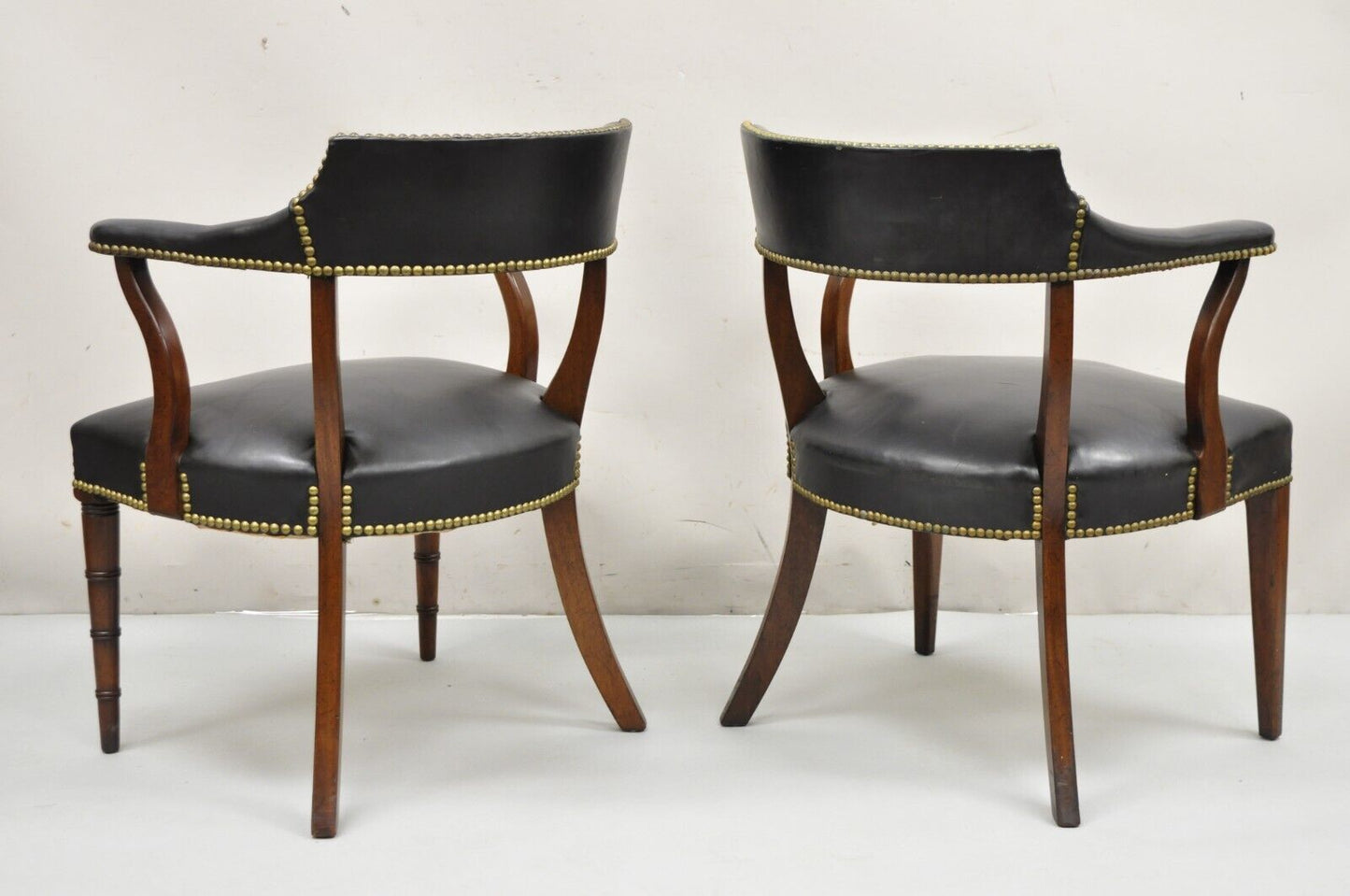 Hickory Chair Co Regency Style Mahogany & Black Leather Club Arm Chairs - a Pair