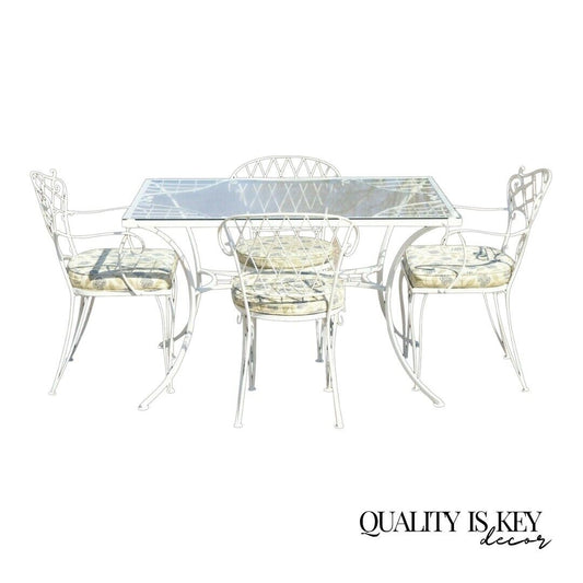 French Victorian Style White Wrought Iron Lattice Garden Patio Dining Set - 5 Pc