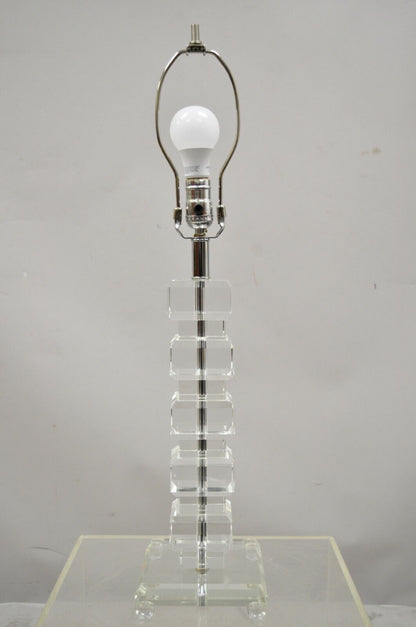 Mid Century Modern Stacked Lucite Acrylic Ice Cube Column Table Lamp with Shade