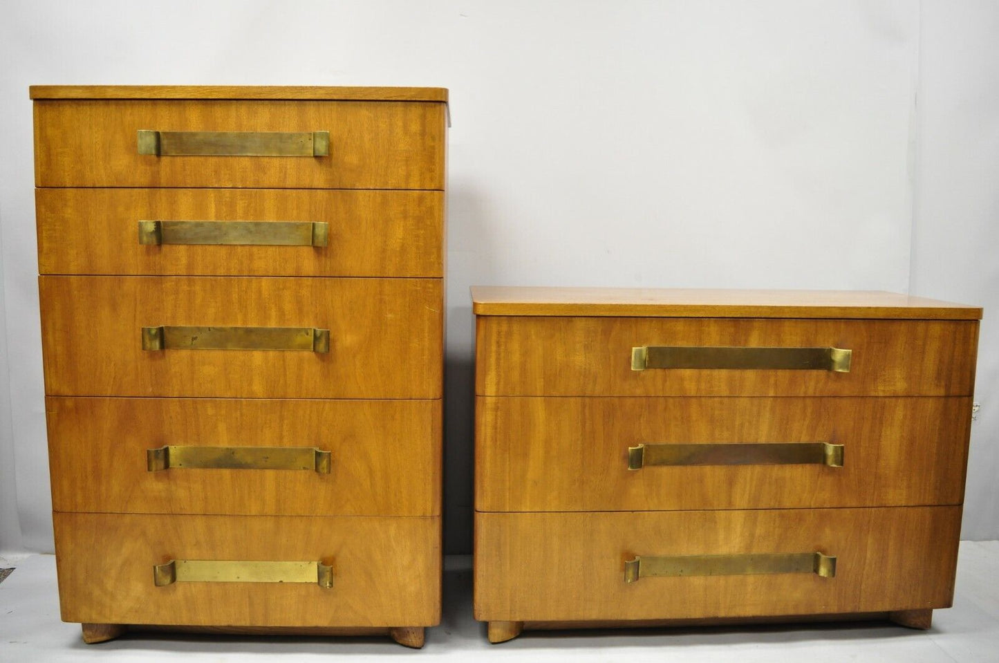 John Stuart Mid Century Modern Art Deco Birch Dresser with Sculpted Bronze Pulls