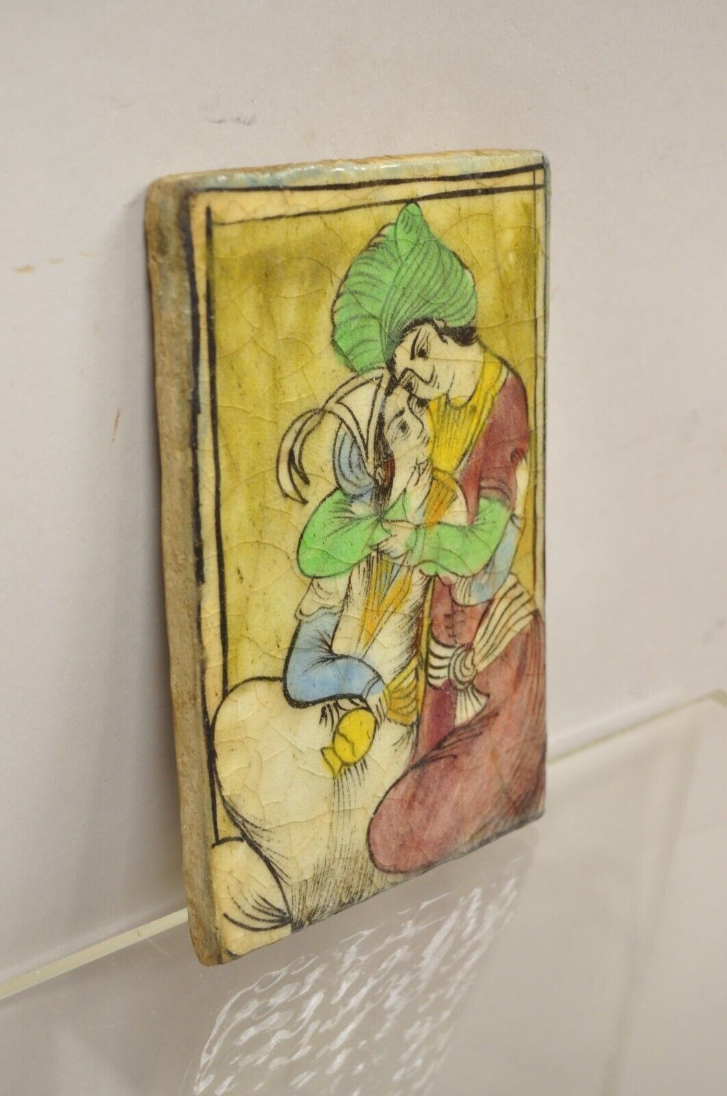 Antique Persian Iznik Qajar Style Yellow Ceramic Pottery Tile Loving Couple C5