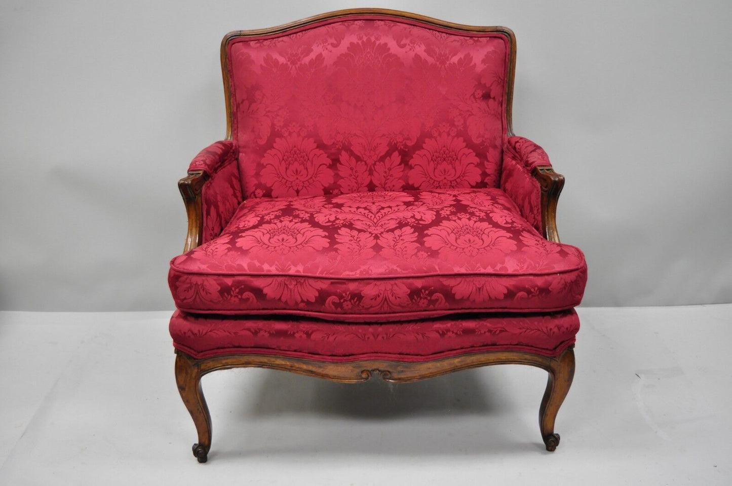 Antique French Country Louis XV Style Walnut Burgundy Small Wingback Settee