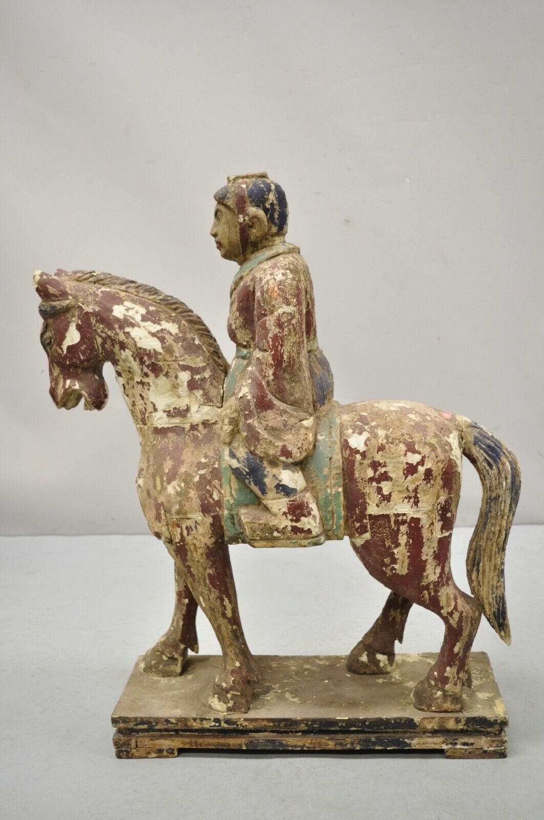 Chinese Polychrome Carved Wood Tang Horse and Rider Statue Sculpture